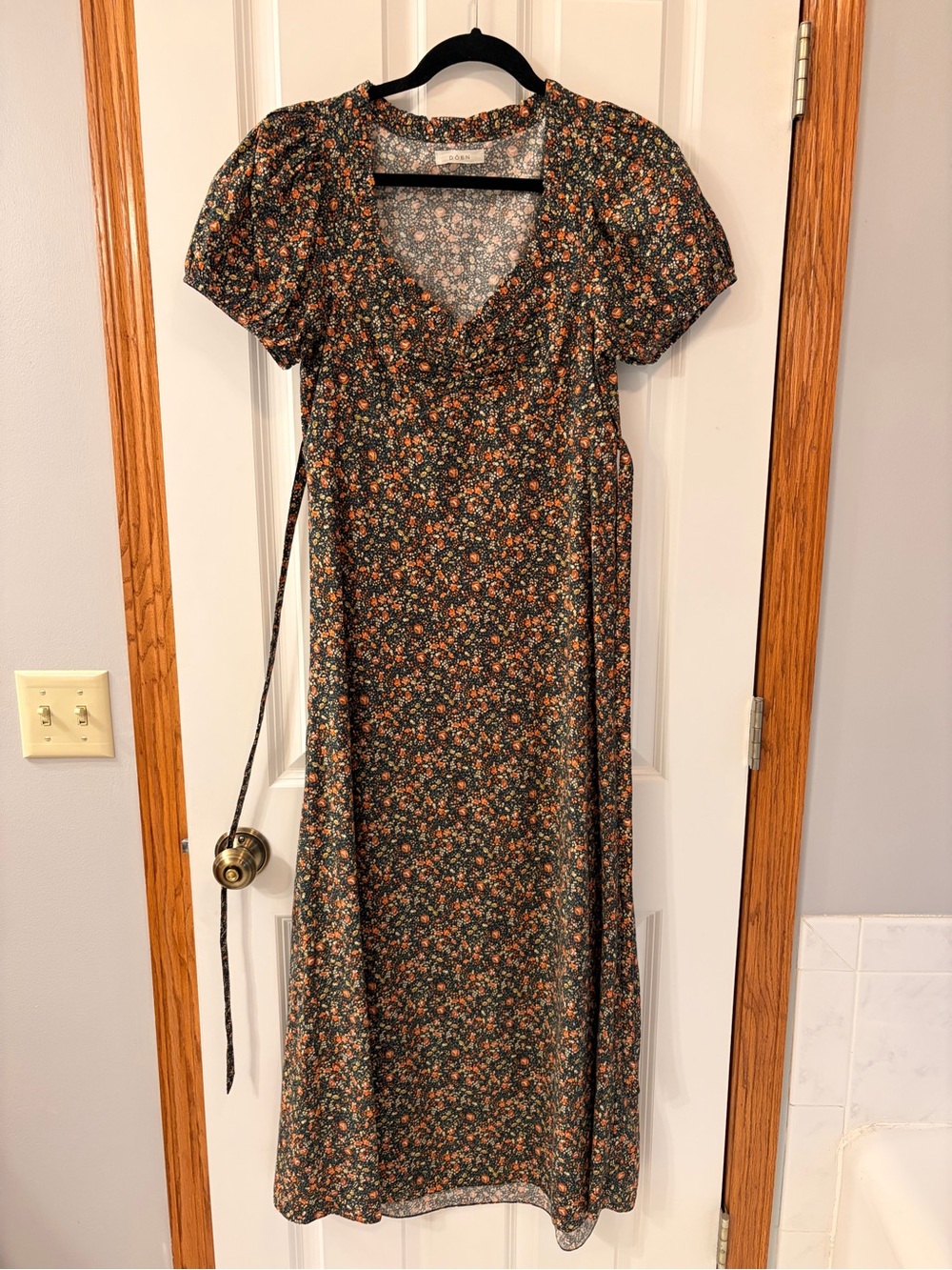 Doen Black Floral Midi Dress with Orange & Green Print